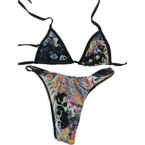 FRW black multicolor psychedelic string top high rise bottom bikini set size S/M